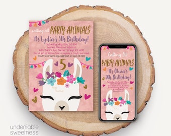 Llama Printable & Mobile Evite Invitation, Invite for Girls Birthday Party and Sleepovers, Llama Text Invitation, Personalized Digital File