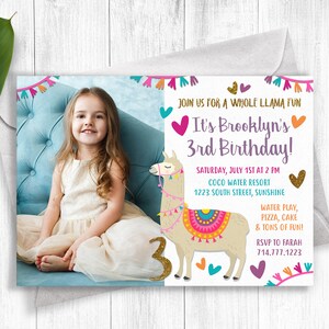 Llama Printable Birthday Invitation with Photo | Whole Llama Fun | Pink Glitter Invite Girls | Any Age | Personalized Digital File | Llamas