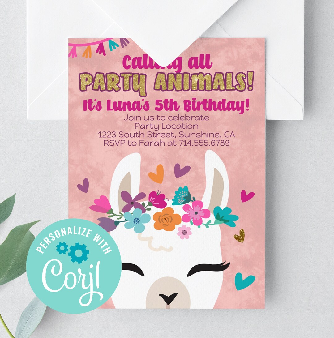 Llama Printable Invitation, Llama Alpaca Birthday Invitation, Girls ...