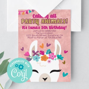 Llama Printable Invitation, Llama Alpaca Birthday Invitation, Girls ...