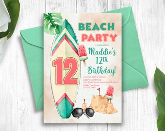 Beach Birthday, Beach Party Invitation, Summer Theme Party, Printable Digital File, Surf Board, Sand Castle, Birthday Celebration, You Print