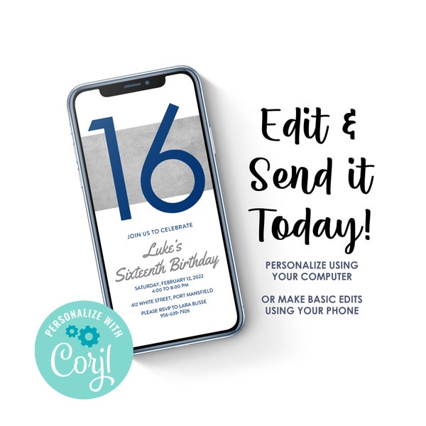 16th Birthday Blue, Gray and White, Teen Boy Birthday, Mobile Evite Invitation, Sixteenth Birthday, Personalized, Digital Jpeg File For Text