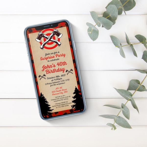 Axe Throwing Mobile Lumberjack Bulls Eye Red Black Party Birthday Invitation, Mobile Invitation, Men's Boy's Women's Birthday Party, Axe