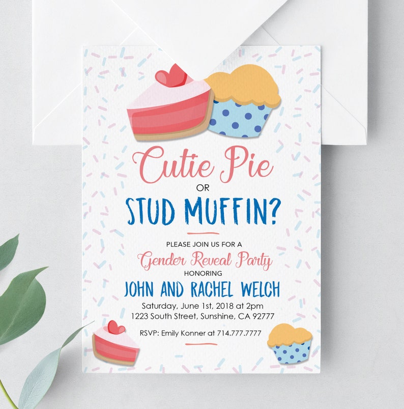 Gender Reveal Printable Invitation Cutie Pie or Stud Muffin Etsy