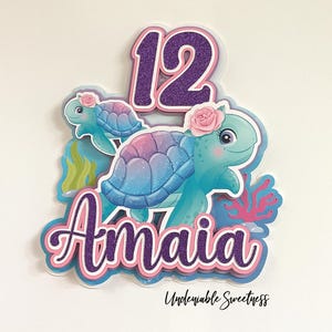 Sea Turtle Birthday Cake Topper, Personalized with Name and Age, Purple Glitter, Under the Sea Party