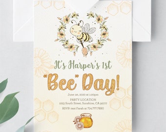 First Birthday, 1st "Bee-Day" Invitation, Bee Party Invitation, "Honey Bee" Party, Printable Digital File, Baby Girl, Celebration, You Print