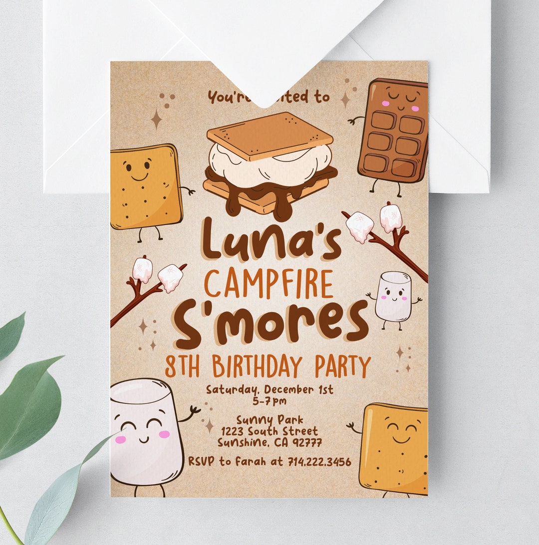 S'mores Campfire Birthday Invitation, S'mores Birthday Party, Campfire Park Party, Summer ...