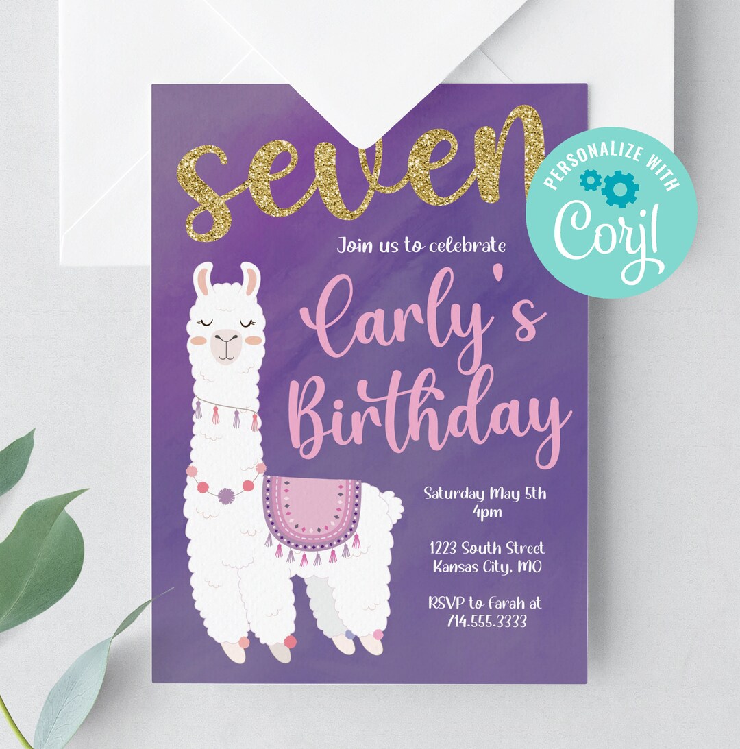 Alpaca Llama Birthday Printable Invitation Purple, Girls Birthday Party ...