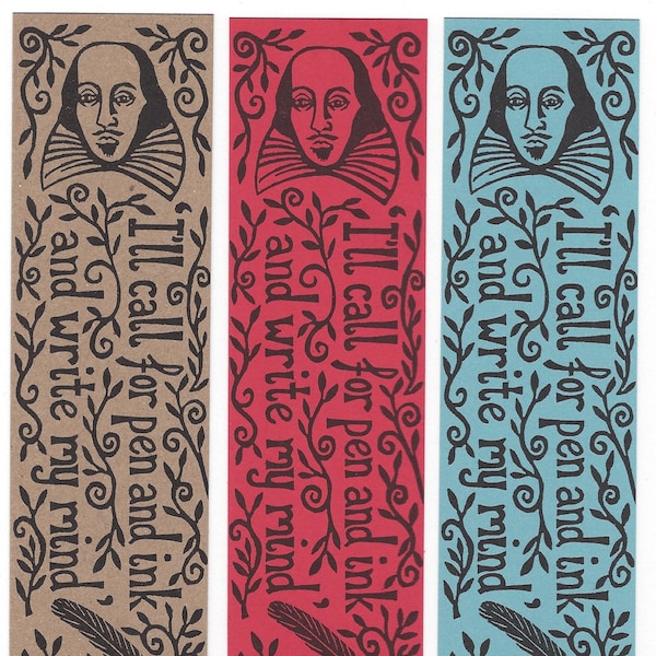 Shakespeare bookmarks. Pack of three "I'll call for pen and ink and write my mind" Teacher gift. Book club. Linocut design. Recycled card.