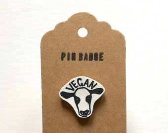 Vegan pin badge. Cows face linocut print. Plastic pin. Vegan gift idea.