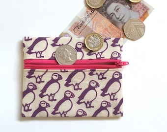 Puffin coin purse. Handmade purse, wallet, pouch. Hand printed purple linocut pattern.