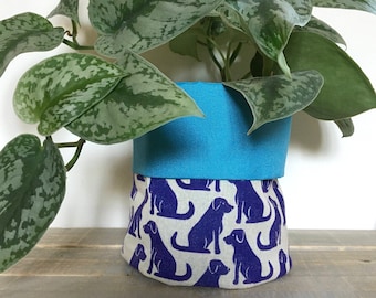 Dog planter, fabric pot. Plant pot. Home storage. Homeware. Housewarming gift. Hand printed linocut and hand sewn.