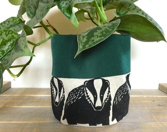 Badger planter. Large badger. Fabric plant pot. Home storage. Gift. Hand printed linocut, hand sewn.