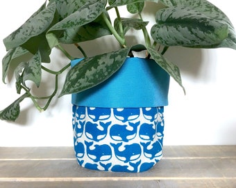 Whale planter. Fabric plant pot. Home Storage. Blue whale design. Hand printed linocut and hand sewn. Nursery decor. Homeware. House warming