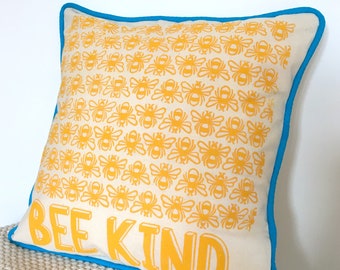 Bee cushion cover. Yellow bees BEE KIND. Handmade. Hand printed linocut design. Homeware. Decorative pillow. 35x35cm (14"x14").