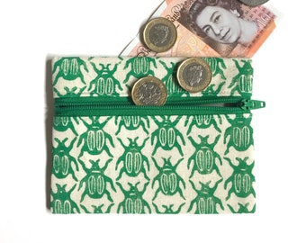 Bug coin purse. Green. Cotton pouch. Hand printed linocut and hand sewn.