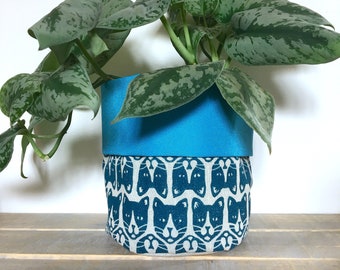 Cat planter. Fabric plant pot. Home Storage. Blue cat face pot. Hand printed linocut and hand sewn. Nursery decor. Homeware. House warming