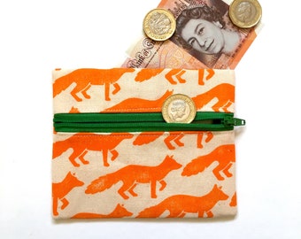 Fox coin purse. Handmade purse, wallet, pouch. Hand printed orange linocut pattern.