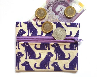 Dog coin purse. Cotton pouch. Wallet. Zipper purse. Violet. Purple. Handmade. Linocut print. Gift idea.