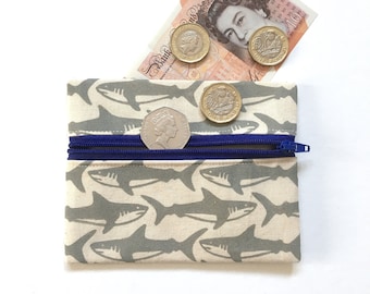 Shark coin purse. Hand printed linocut pattern. Handmade wallet. Hand sewn.