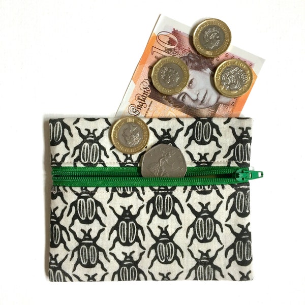 Beetle coin purse. Hand printed linocut and hand sewn.