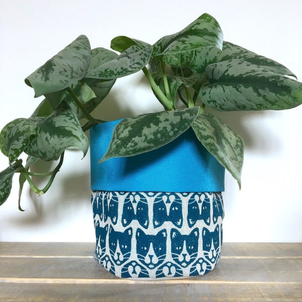 Cat planter. Fabric plant pot. Home Storage. Blue cat face pot. Hand printed linocut and hand sewn. Nursery decor. Homeware. House warming