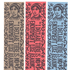 Jane Austen bookmarks. Pack of three. Book marker. Linocut design. Recycled card. 'I declare there is no enjoyment like reading'.