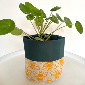 Hand Sewn Bee Planter. Fabric storage pot. Hand printed linocut design. Home decor.