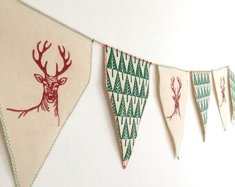 Christmas Bunting. Festive Deer and Tree Linocut Design. Handprinted. Hand sewn.