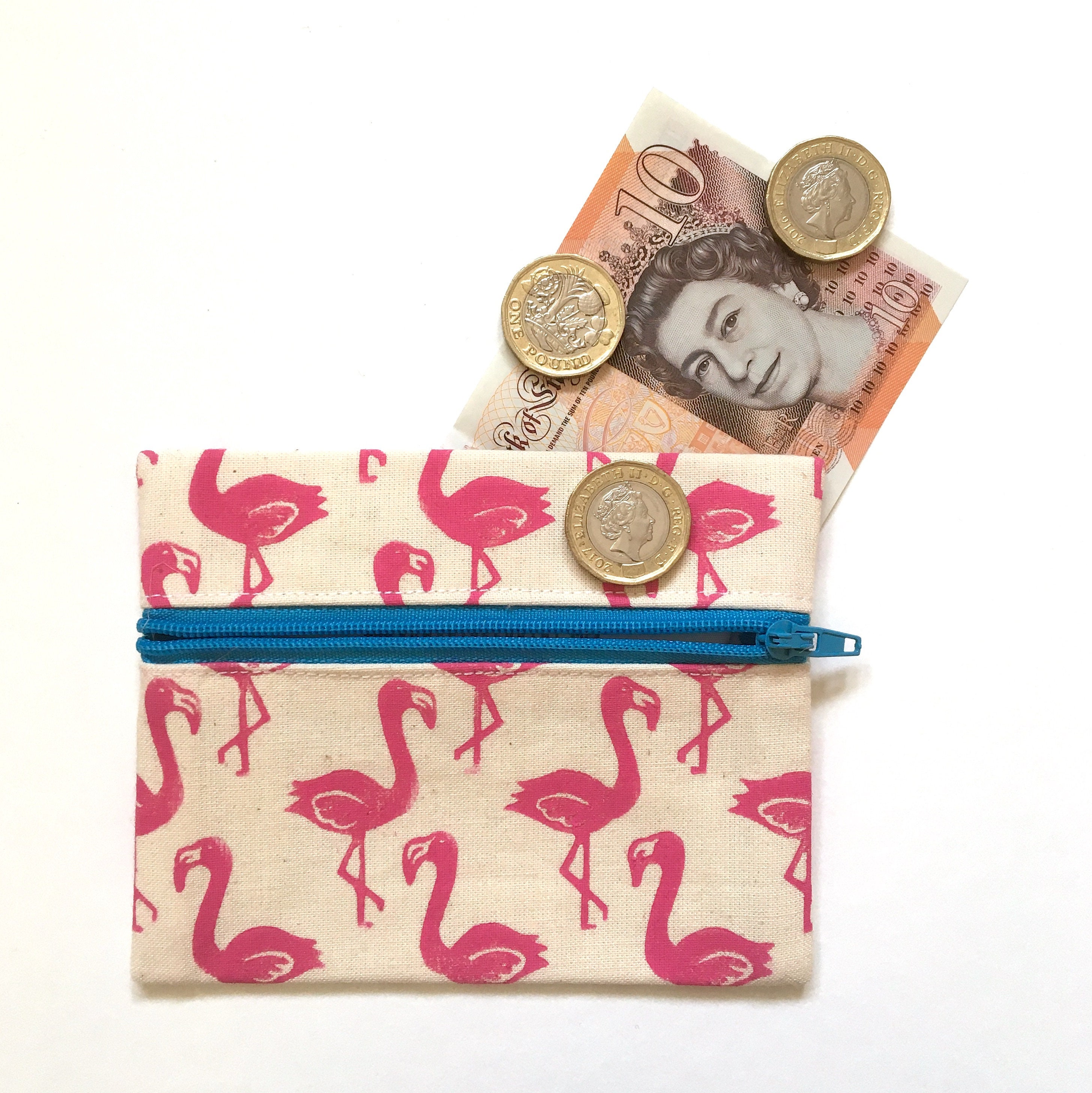 Flamingo coin purse. Pink. Hand printed linocut pattern. Hand Etsy