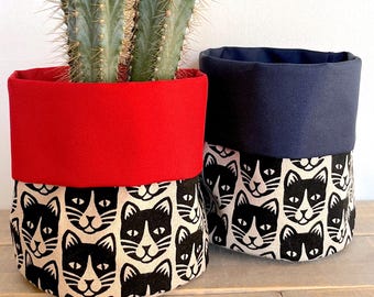 Handmade Cat Fabric Planter Pot: Black & White Print, Home Storage