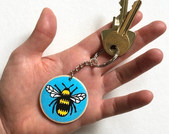 Bee keyring. keychain. Hand painted wood. colourful. Gift idea.