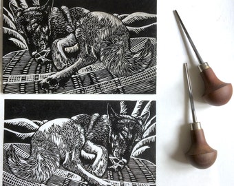 Dog print. Limited Edition Linocut Print. "Snoozing" depicts a sleeping dog. Dog art. Picture.