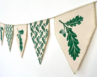 Oak leaf bunting. Handmade leaf pattern hanging banner decoration. Green leaf garland. Hand printed Linocut design. Green. Home decor.