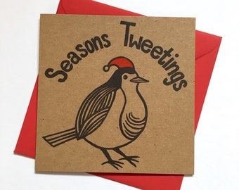 Funny Christmas card. Seasons Tweetings. Robin pun card. Recycled. Unusual festive card.