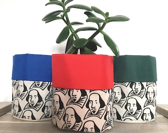 Shakespeare fabric pot/planter. Hand printed with linocut design.