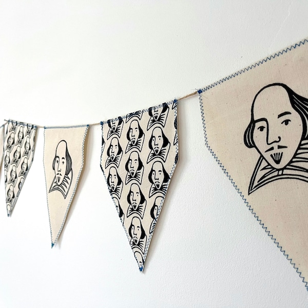 Empavesado de Shakespeare. Guirnalda colgante. Decoración de pared. Regalo de Shakespeare. Hecho a mano. Diseño de linograbado. Decoración del hogar.