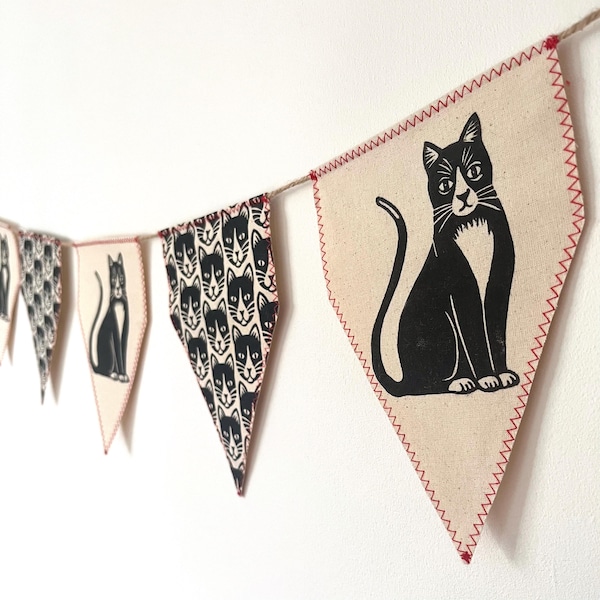 Cat Bunting. Handmade cotton garland. Wall hanging, home decoration. Hand printed with linocut design.
