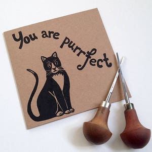 Cat card. You are purrfect. Handmade linocut greeting card. Black cat. Recycled card. materials. image 2