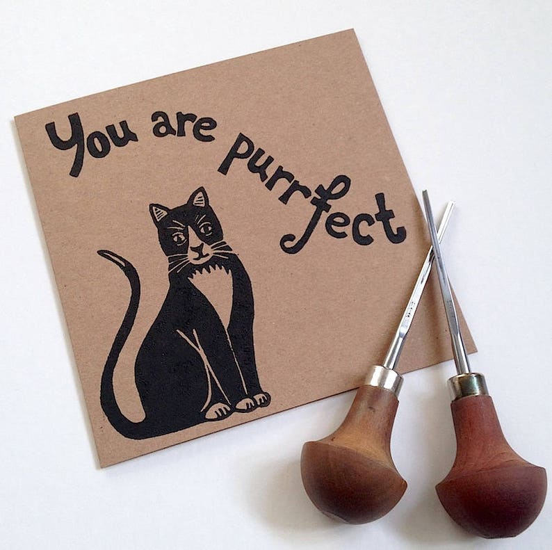 Cat card. You are purrfect. Handmade linocut greeting card. Black cat. Recycled card. materials. image 2