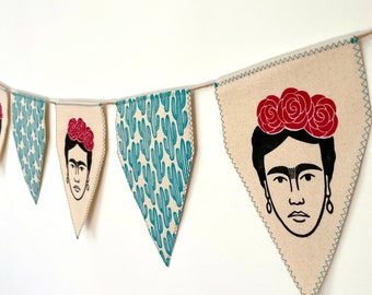 Frida Bunting. Icon Artist hanging garland. Home decor. Handmade. Linocut print. Hand printed textiles. Female artist. Cactus.