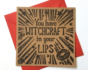 Shakespeare quote card. Witchcraft. Recycled card. Linocut print design. You have witchcraft in your lips.