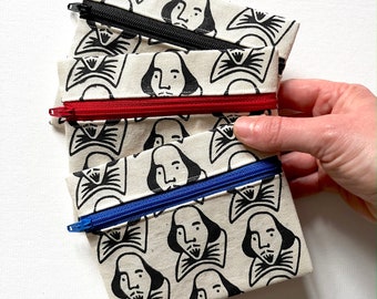 Shakespeare coin purse. Handmade cotton zipper pouch. Hand printed linocut Shakespeare pattern.