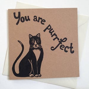 Cat card. You are purrfect. Handmade linocut greeting card. Black cat. Recycled card. materials. image 1