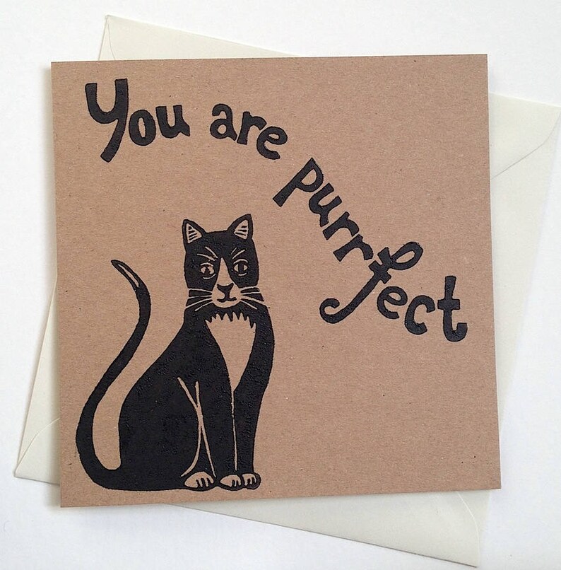 Cat card. You are purrfect. Handmade linocut greeting card. Black cat. Recycled card. materials. image 1