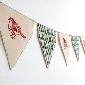 Christmas Bunting. Linocut Robin and Trees. Handmade. Festive hanging decoration.