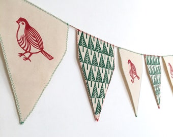 Christmas Bunting. Linocut Robin and Trees. Handmade. Festive hanging decoration.