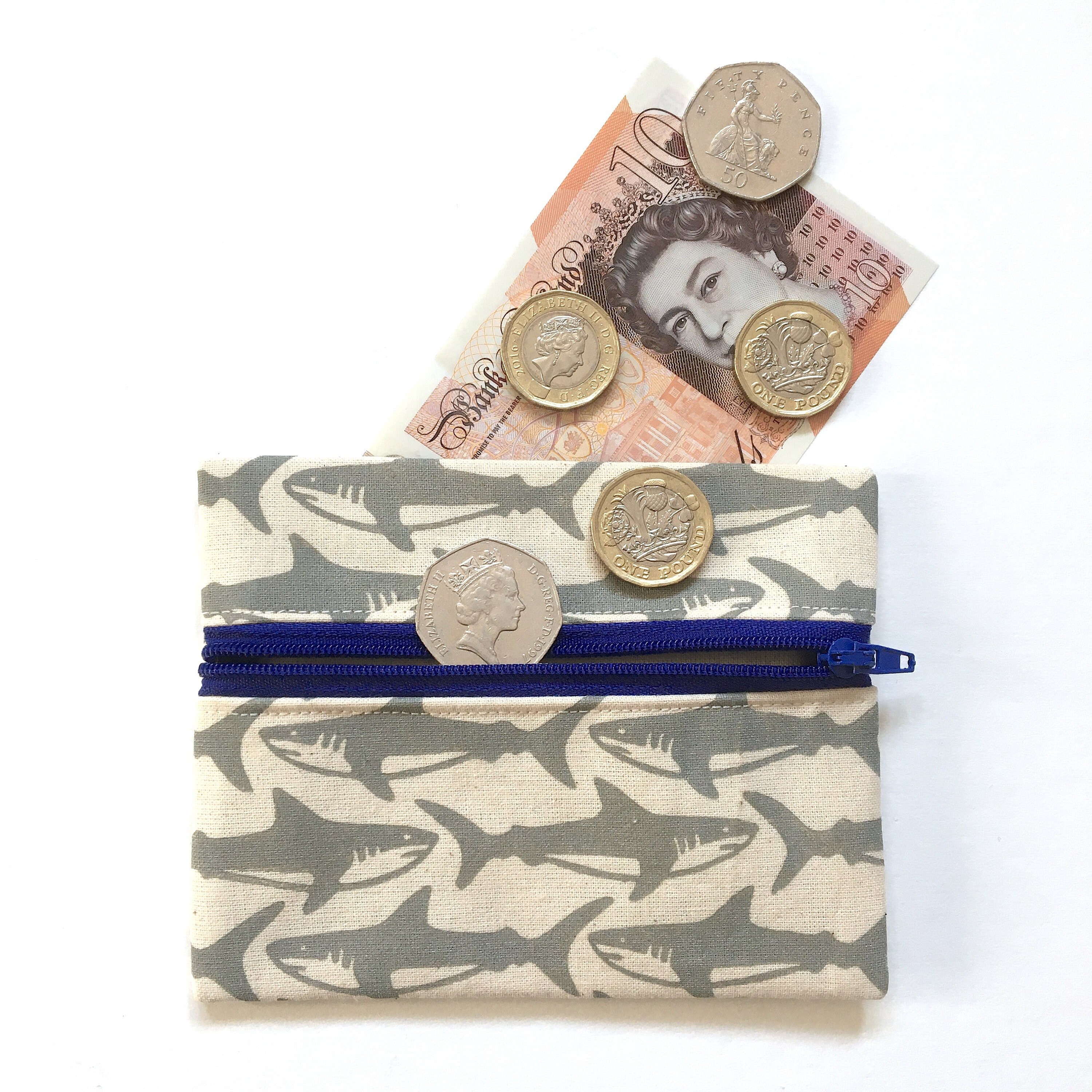 Shark coin purse. Hand printed linocut pattern. Handmade wallet. Hand sewn.