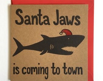Funny Christmas card. Santa Jaws shark pun card. Recycled. Unusual festive card.