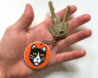 Cat Keyring. Keychain. Hand painted wood.
